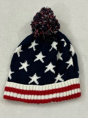 Pom Pom American Flag Winter Ski Cuffed Patriotic USA Stars & Stripes Beanie Hat